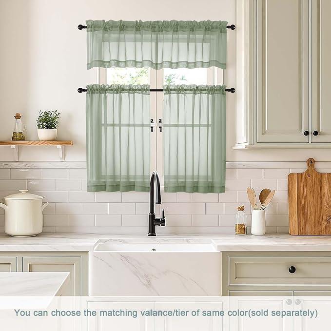 Sage Green Small Sheer Curtains Tier 24 Inches Length 2 Pieces, Light Filtering - Image 2