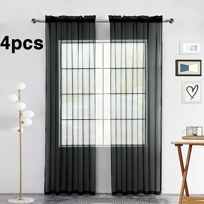 SpaceDresser Black Sheer Curtains 4 Panels Rod Pocket Semi-Sheer Curtain 63 - Image 2