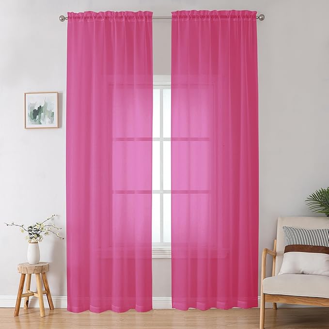 OWENIE Hot Pink Sheer Curtains for Bedroom Living Room 96 Inches Long 2 Panels by OWENIE