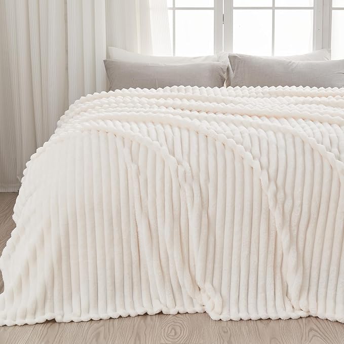 NEWCOSPLAY Super Soft King Blanket Ivory Premium Silky Flannel Fleece 3D Ribbed by NEWCOSPLAY