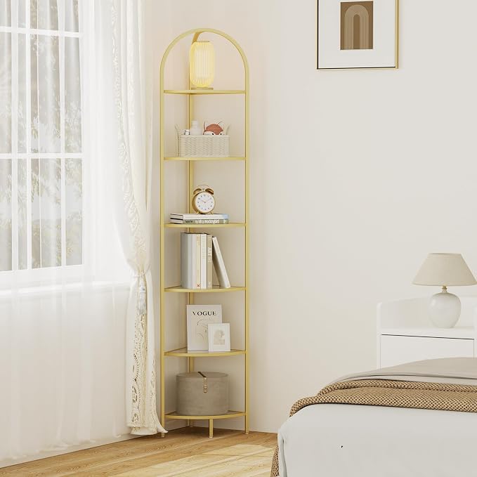 Homhedy 6-Tier Corner Shelf Stand, Metal Corner Bookshelf, Tempered Glass - Image 7