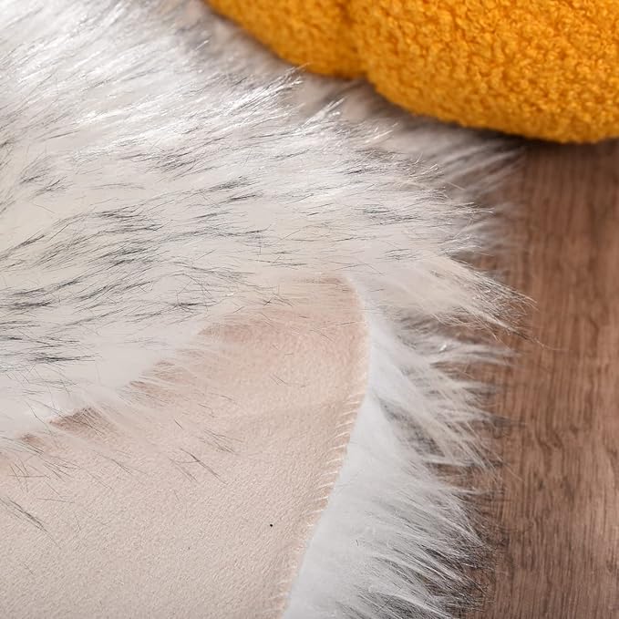 ORINOVA White and Grey Round Shag Rug 4ft Faux Sheepskin Fur Rugs - Image 3