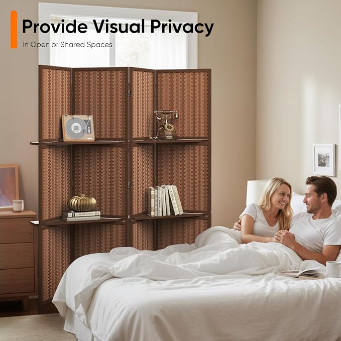 Bamboo Room Divider with Shelves, Natural Privacy Screen with Storage Board - Image 7