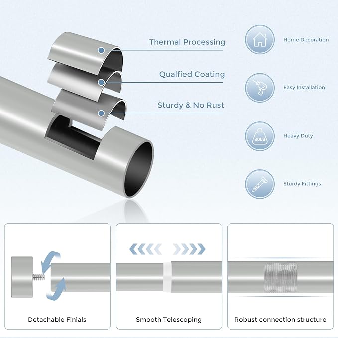 Silver Curtain Rods for Windows 36 to 240 Inch, Size:36-240 Inch - Image 7