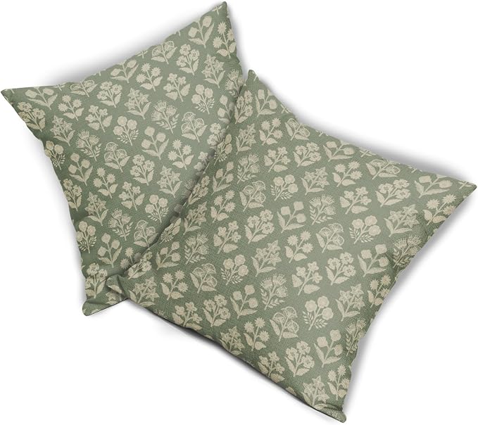 Sage Green Floral Pillow Covers 22x22 Inch Set of 2, Vintage Flower Block Print - Image 8