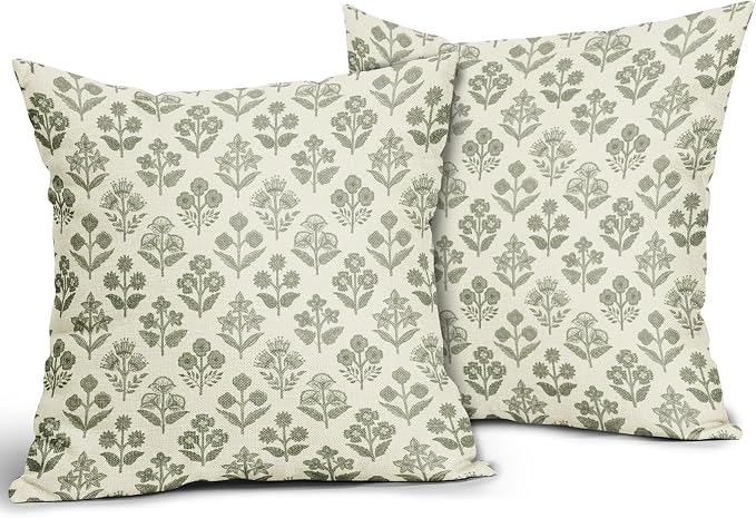 Sage Green Floral Pillow Covers 16x16 Inch Set of 2, Vintage Flower Block Print - Image 2