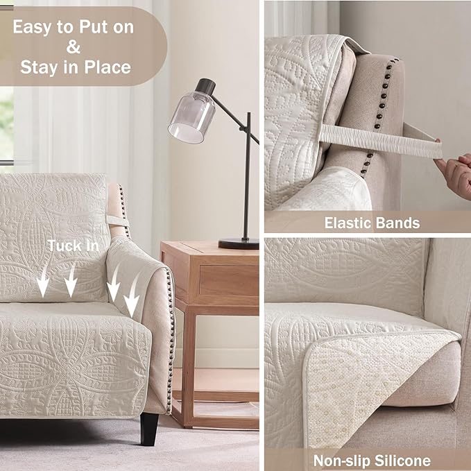 Beige Recliner Chair Covers, Quilted Décor Water-Repellent Medium Lazy Boy - Image 3