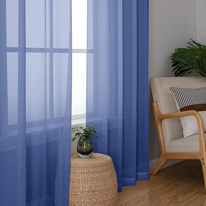 Aiyufeng Royal Blue Sheer Curtains 90 Inches Long 2 Panels Set, Semi - Image 2