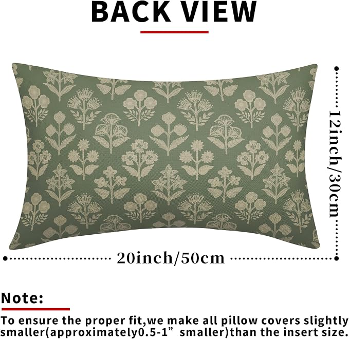 Sage Green Pillow Covers 12x20 Inch Set of 2, Cream Floral Block Print Pattern - Image 3