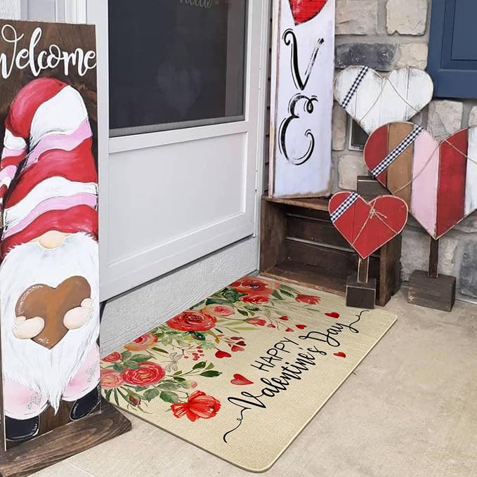 Valentines Day Door Mat, Floral Love Hearts Red Rose Flowers Indoor Outdoor - Image 5