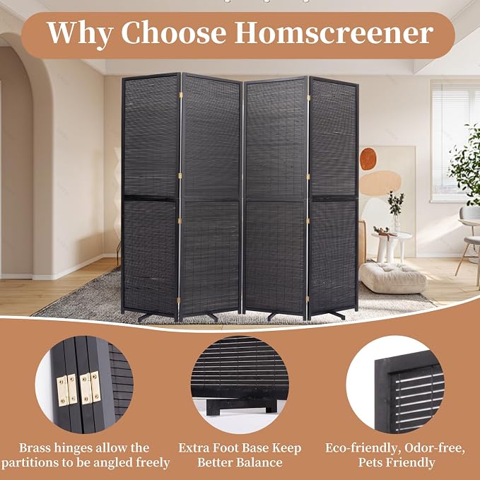 Room Divider Folding Privacy Screens, Hand-Made 72'' Wide Bamboo Room Separator - Image 4