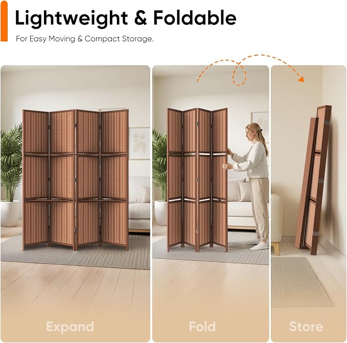 Bamboo Room Divider with Shelves, Natural Privacy Screen with Storage Board - Image 5