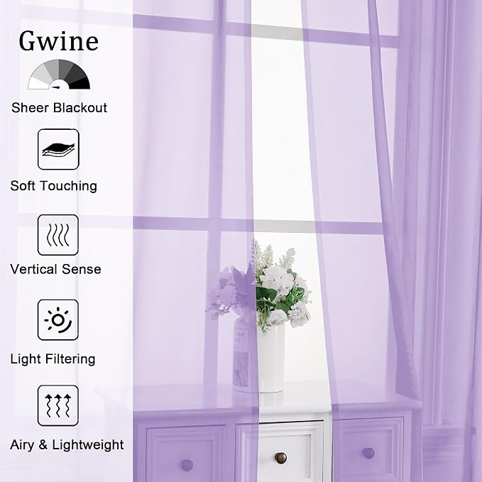 Gwine Lilac Sheer Curtains 96 Inches Long 2 Panels, Elegant Window Treatments - Image 2