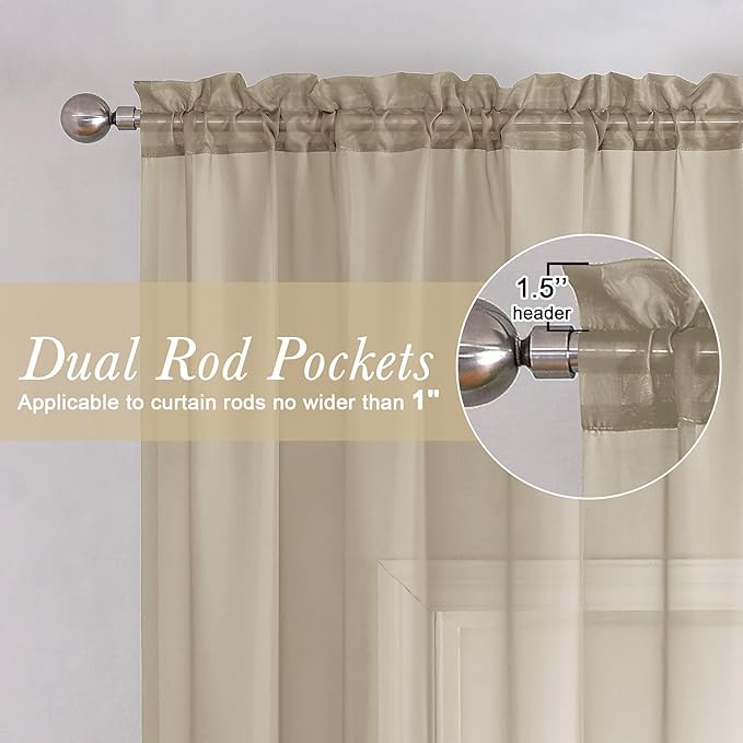 Lecloud Taupe Sheer Curtains 63 Inch Length 2 Panels, Airy & Breathable Solid - Image 2