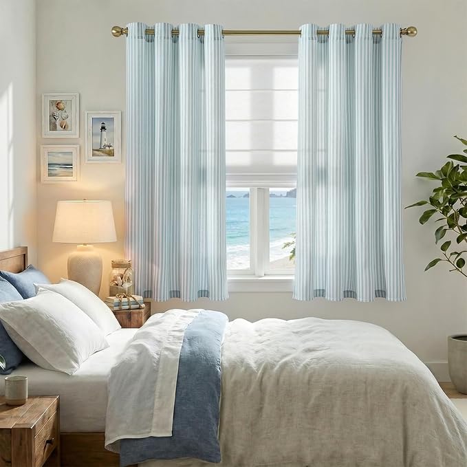 jinchan Linen Curtains for Living Room Aqua Blue Vertical Striped on White - Image 2