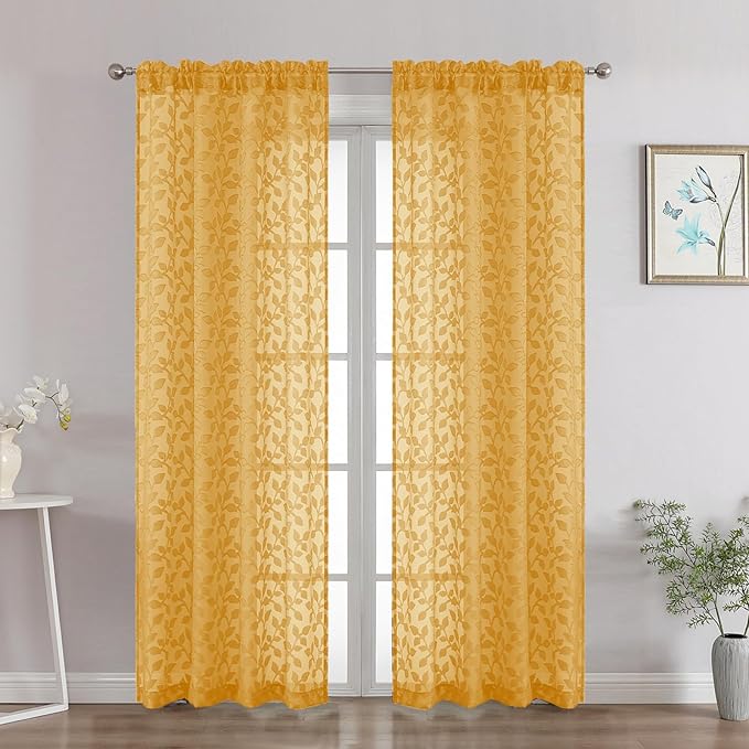 Chyhomenyc Gold Sheer Curtains 72 Inches Long 2 Panels Set, Light Filtering by Chyhomenyc