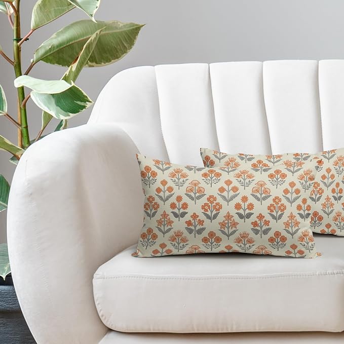 Orange Grey Gray Floral Pillow Covers 12x20 Inch Set of 2, Block Print Lumbar - Image 5