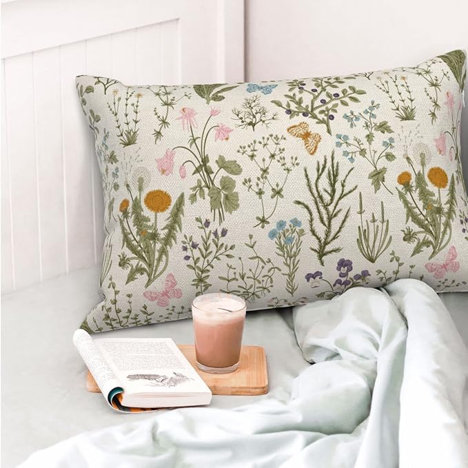AEIOAE Spring Pillow Covers 12x20 Inch Set of 2, Sage Green Wild Flower Plant - Image 2