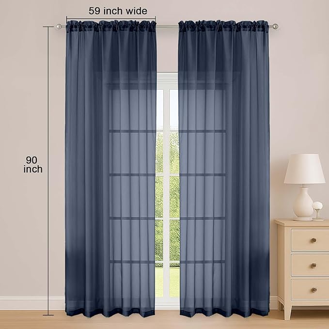 OWENIE Navy Blue Sheer Curtain 90 Inches Long 2 Panels Set, Solid Filmy Drapes - Image 2