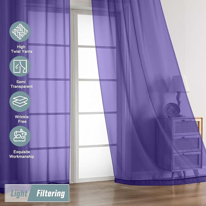 Purple Sheer Curtains for Window 72 inches Long 2 Panels Set, Soft Airy Modern - Image 5