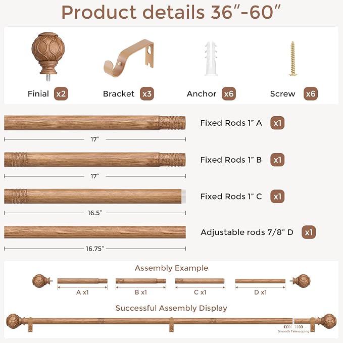 Wood Curtain Rods for Windows 30 to 56 Inch, Boho Vintage Decorative 1 Inch - Image 5