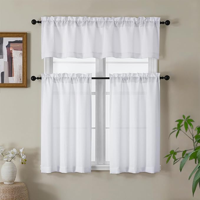 Gwine White Valance for Windows, Light Filtering Faux Linen Textured Kitchen - Image 3