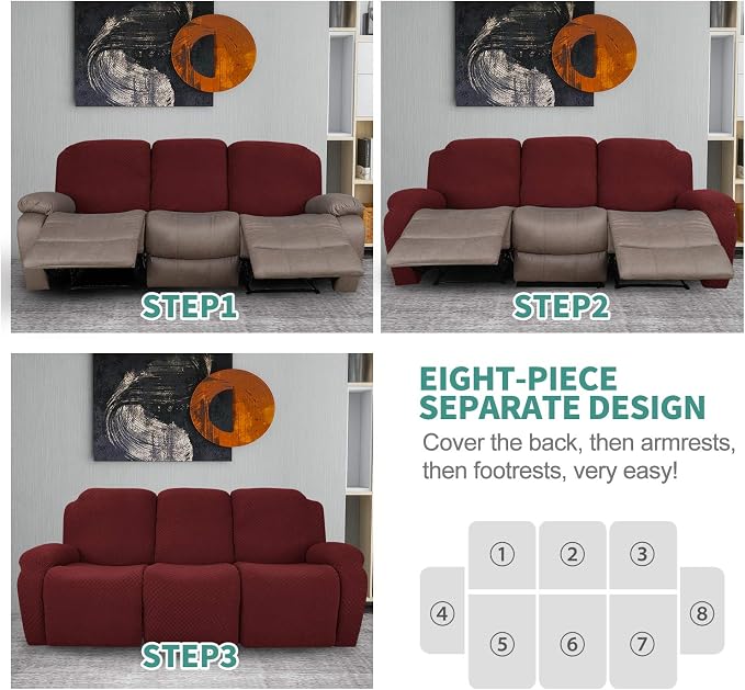 YEMYHOM 8 Pieces Stretch Recliner Sofa Cover Latest Jacquard Reclining Couch - Image 7