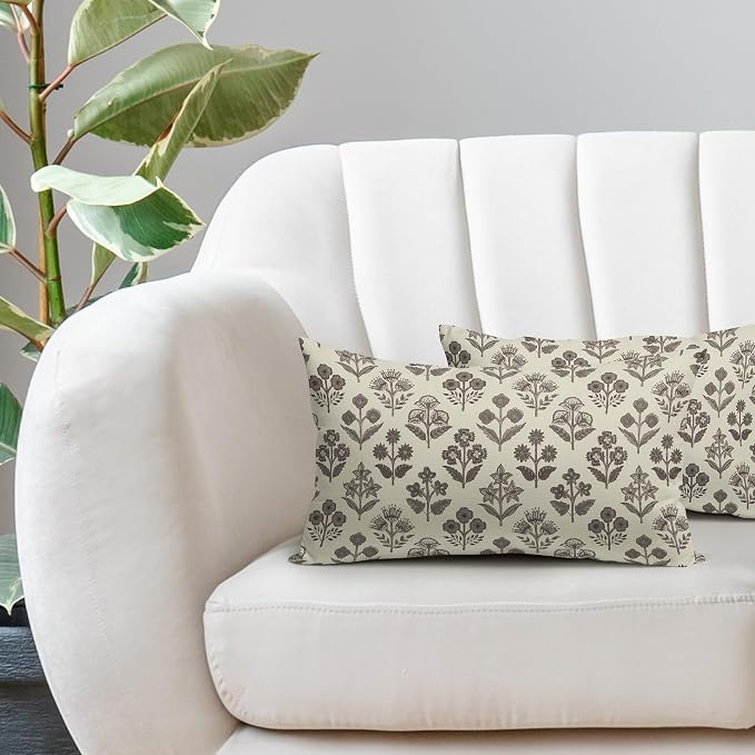 Dark Brown Floral Pillow Covers 12x20 Inch Set of 2, Block Print Lumbar Flower - Image 5