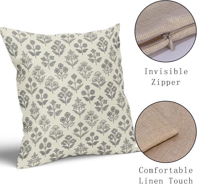 Grey Gray Floral Pillow Covers 16x16 Inch Set of 2, Vintage Flower Block Print - Image 4