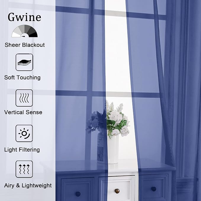Gwine Royal Blue Sheer Curtains 96 Inches Long 2 Panels, Elegant Window - Image 2