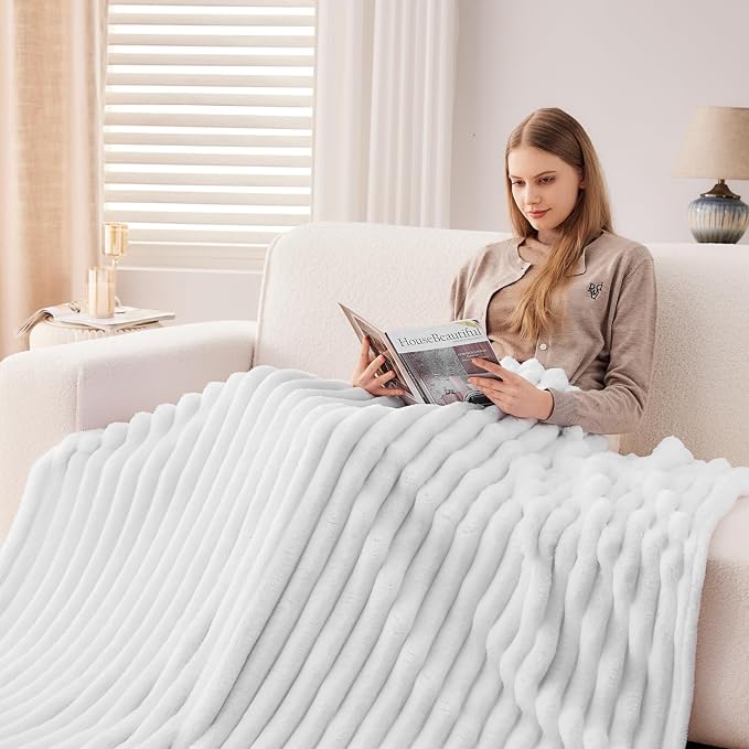 NEWCOSPLAY Super Soft Twin Blanket White Premium Silky Flannel Fleece 3D Ribbed - Image 3