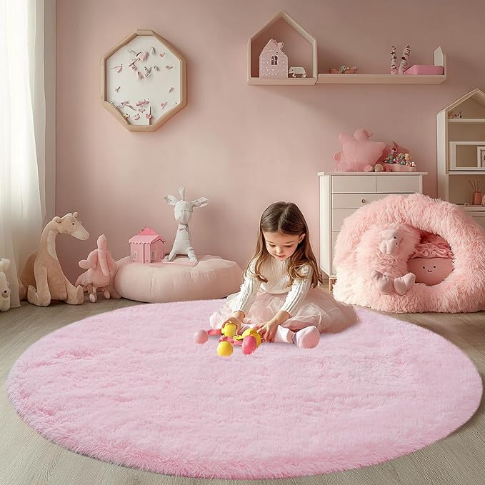 Round Fluffy Pink Rug 5x5ft: Ultra Soft Furry Girls Bedroom Carpet- Plush Rug by CAIYUECS