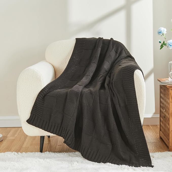 CozeCube Check Knit Throw Blanket, Jet Black Checkered Throw - Image 7