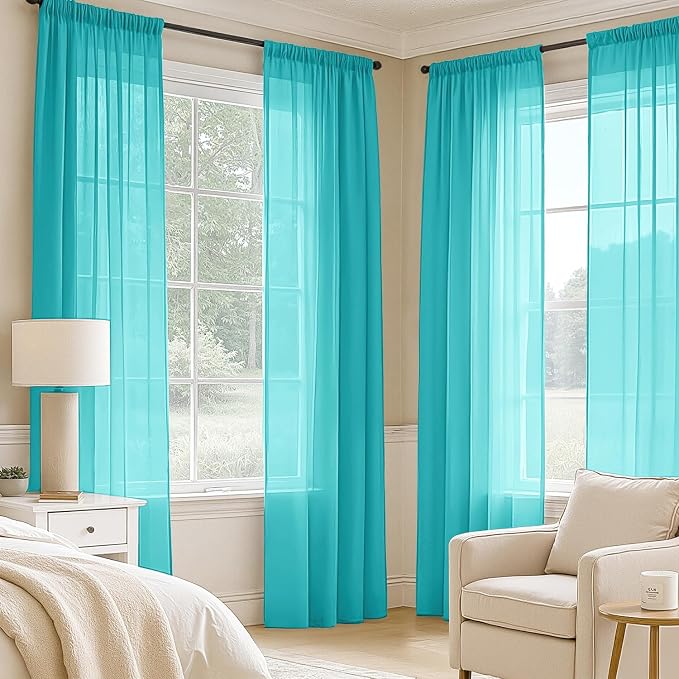 MIULEE Turquoise Sheer Curtains 96 Inches Long, 4 Panels Set, Light Filtering - Image 2