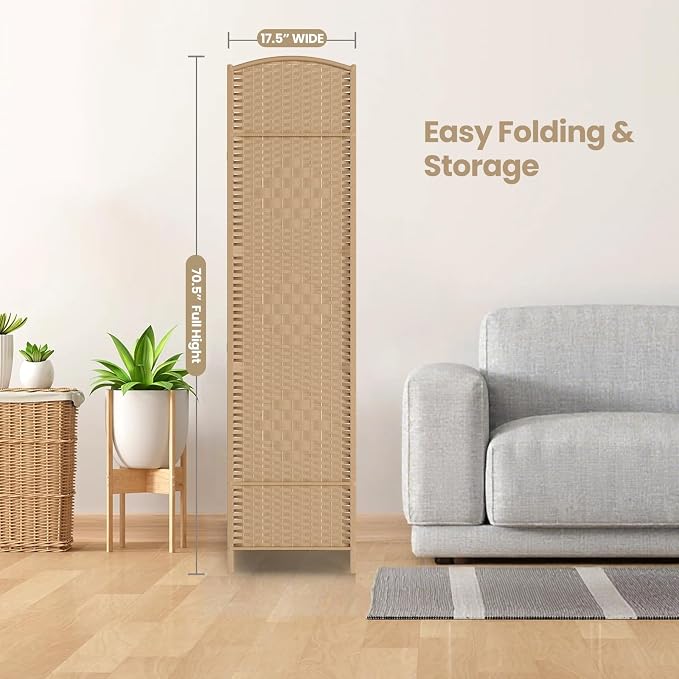 6 ft. Tall Room Divider and Folding Privacy Screen, Weave Fiber Foldable Panel - Image 7