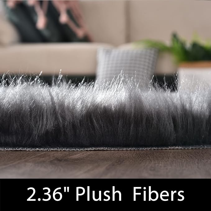 Latepis Dark Grey Runner Rugs 2x6 Faux Sheepskin Fur Rug Bedside Super Soft - Image 2