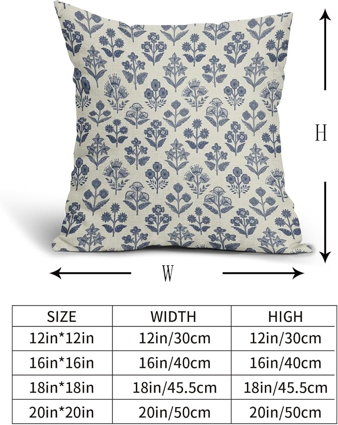 Dark Blue Floral Pillow Covers 22x22 Inch Set of 2, Vintage Flower Block Print - Image 5