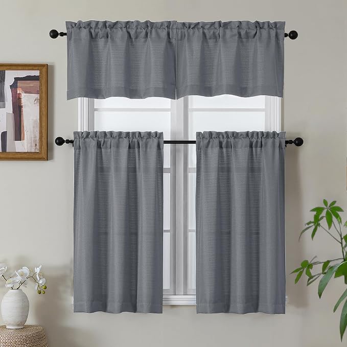Gwine Dark Grey Valance Curtain, Light Filtering Faux Linen Textured Valance - Image 2