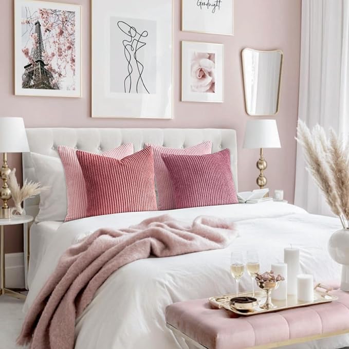 Topfinel Pink Throw Pillow Covers 16x16 Inch Set of 4, Soft Farmhouse Corduroy - Image 6