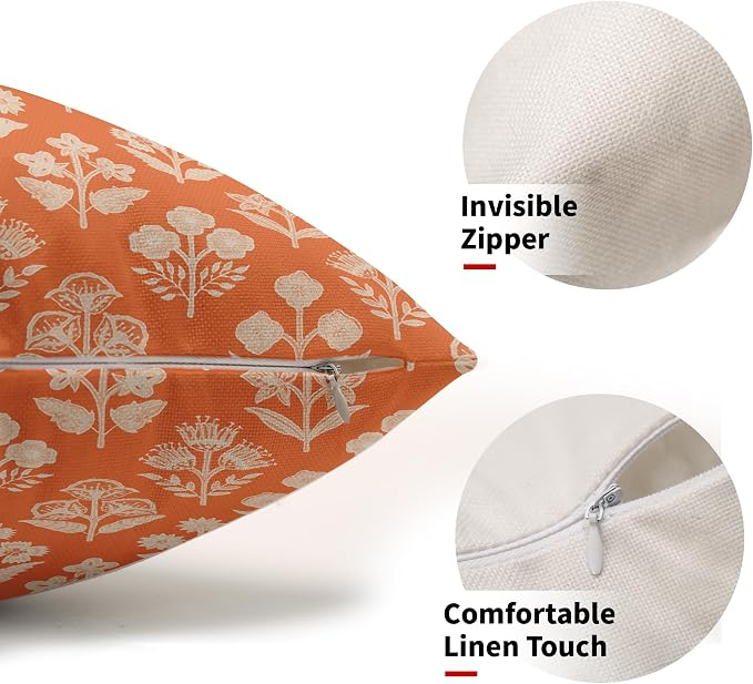 Orange Pillow Covers 12x20 Inch Set of 2, Cream Floral Block Print Pattern - Image 2