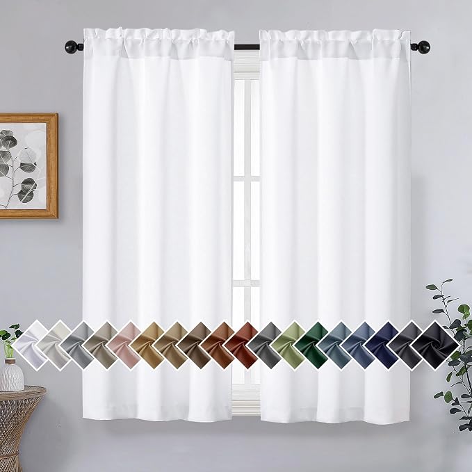 OVZME Pure White Short Curtains 45 Inch Length 2 Panels Set, Solid Thermal by OVZME