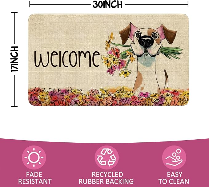 Spring Summer Door Mat, Floral Dog Indoor Outdoor Non-Slip Doormat, Entryway - Image 3