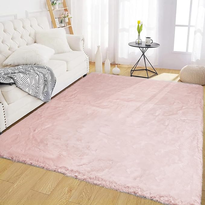 Latepis Light Pink Fluffy Rug 5x7 Washable Non-Slip Faux Rabbit Fur Fuzzy Shag by Latepis