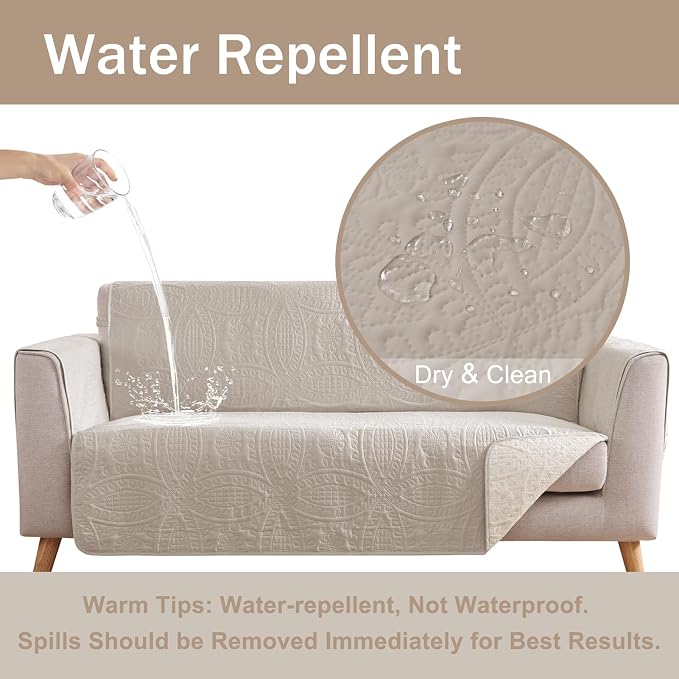 Beige Loveseat Covers for 2 Cushion Couch, Water-Repellent Quilted Covers for - Image 3