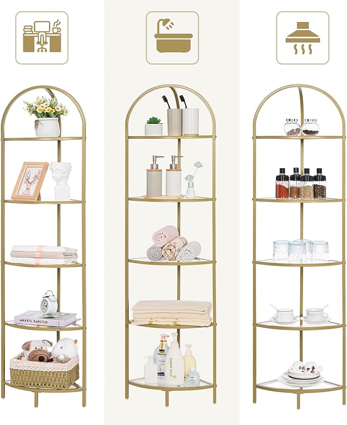 Homhedy 5-Tier Corner Shelf Stand, Metal Corner Bookshelf, Tempered Glass - Image 3