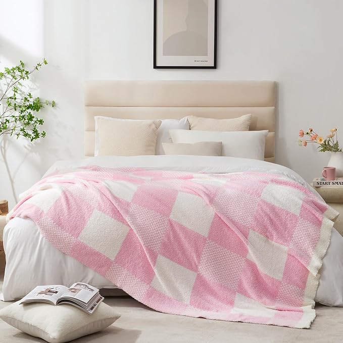 Snuggle Sac Checkered Blanket, Baby Pink Throw Blanket - Image 4