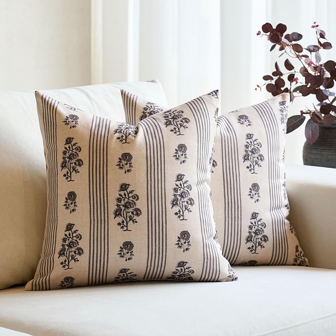 Amor Virisso Floral Throw Pillow Covers 20x20 Set of 2 Block Print Pillow by AffordableFloralPrintMaker