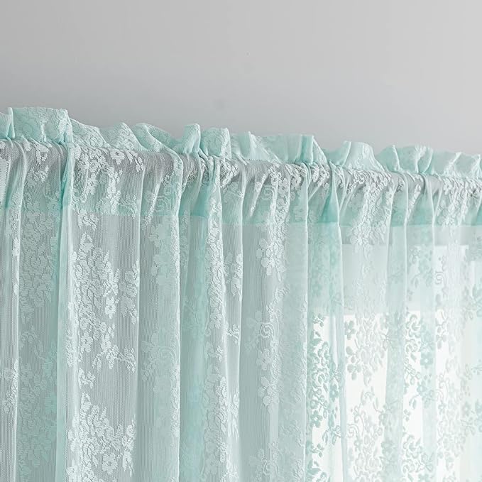 YJ YANJUN Vintage Lace Curtains 63 Inch Length-Victorian Floral Aqua Sheer - Image 3