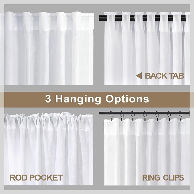 White Curtains 38 Inch Wide for Bedroom 2 Panels Back Tab Rod Pocket Semi Sheer - Image 5