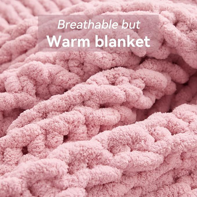 Negwoo Chunky Knit Throw Blanket, Handmade Light Pink Crochet Big Thick Blanket - Image 6
